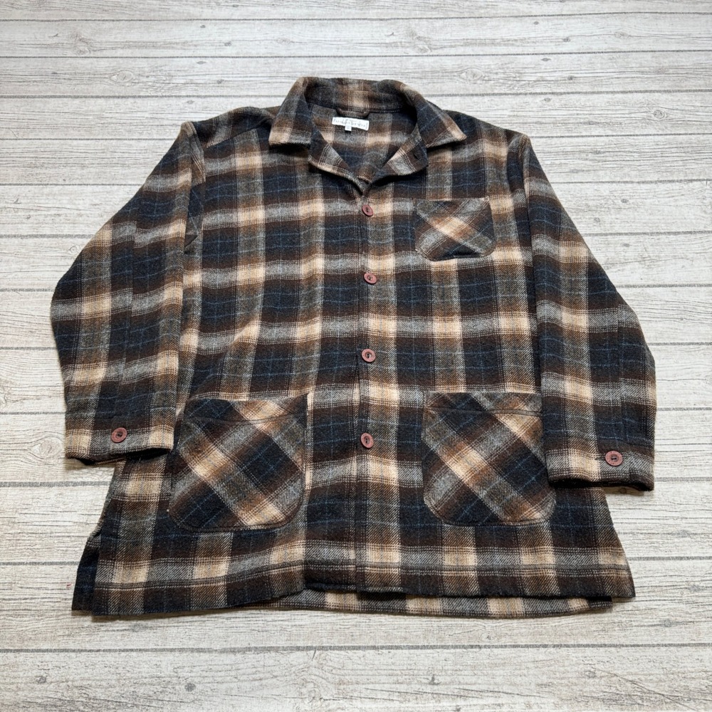 Vintage St Michael Marks & Spencer Shirt Jacket Men's L Brown Plaid Wool Buttons
